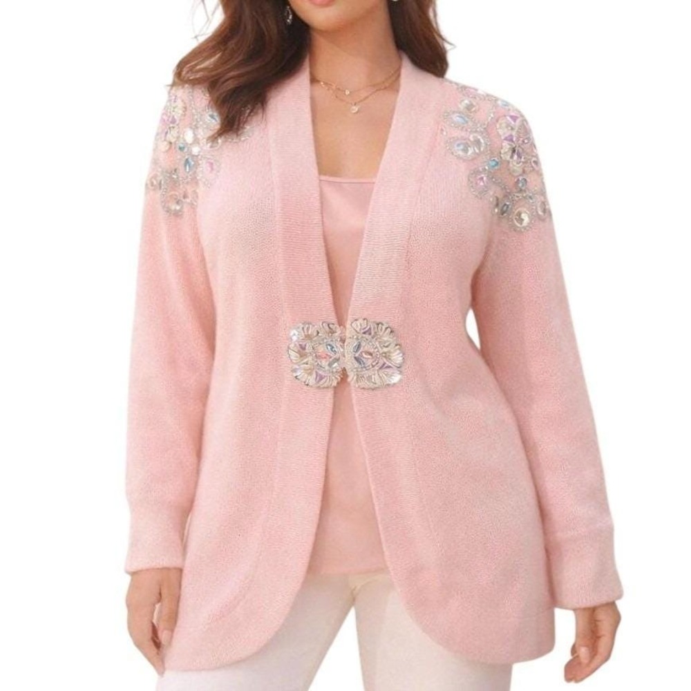 90s Vintage Pastel Pink Embellished Cardigan Womens M Glam Party Sweater Maximal
